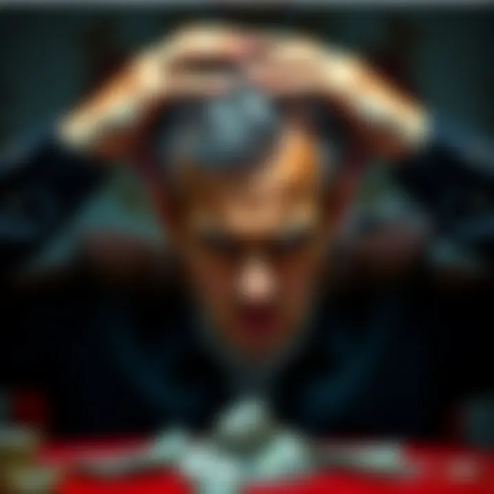 A frustrated man with his hands on his head, showing disappointment after losing a bet, with a backdrop of betting slips and cash.