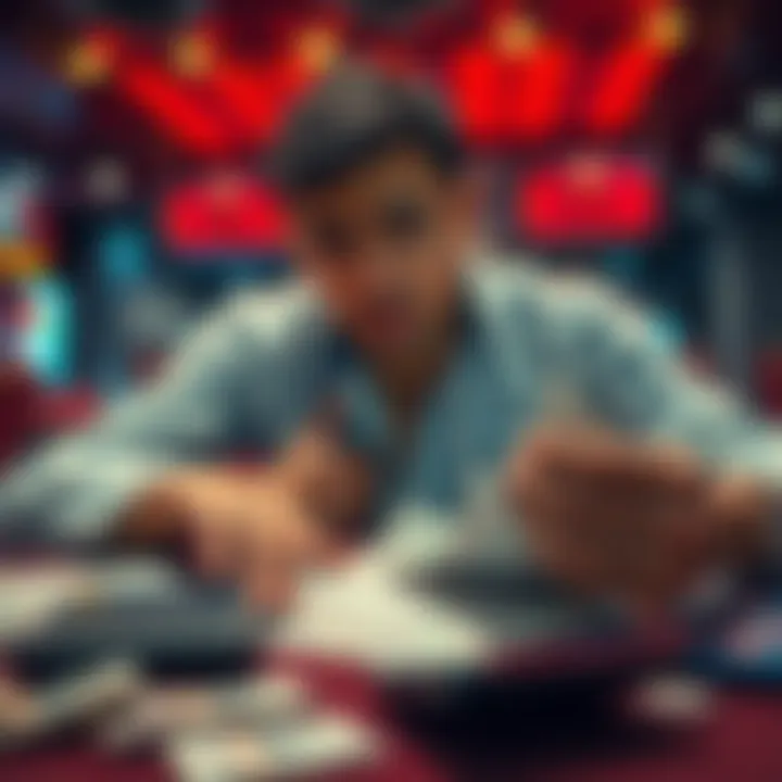 A person looking disappointed while reviewing betting slips with a calculator and money scattered on a table