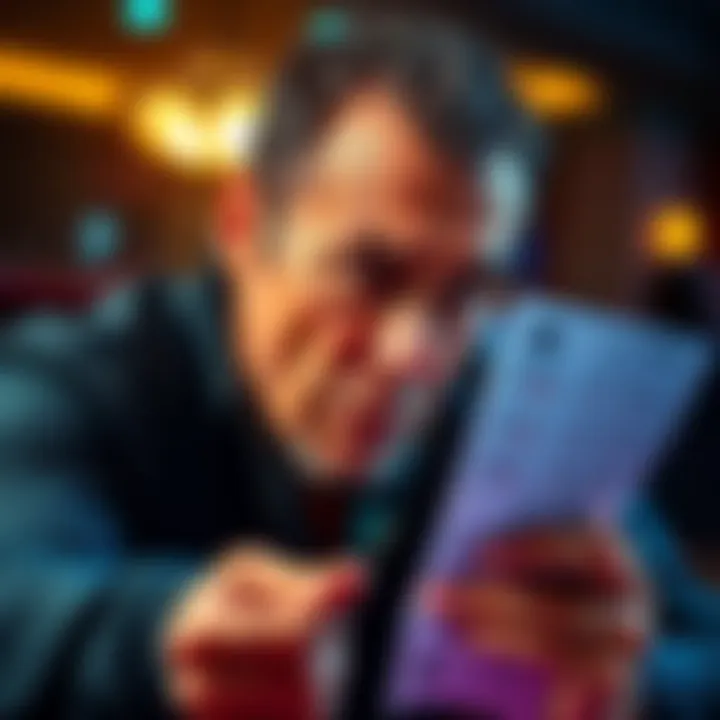 Frustrated gambler reflecting on losses A frustrated gambler looking at betting slips, expressing disappointment after a bad weekend, with a hopeful expression for future bets.
