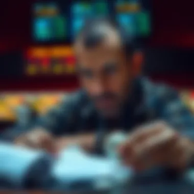 A frustrated gambler looks at betting slips and sports scores, contemplating his losses in baseball and NFL underdogs.