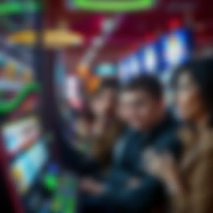 Frustrated gamblers at a slot machine A group of disappointed players looking at a malfunctioning slot machine, showing frustration and confusion, with bright lights in the background