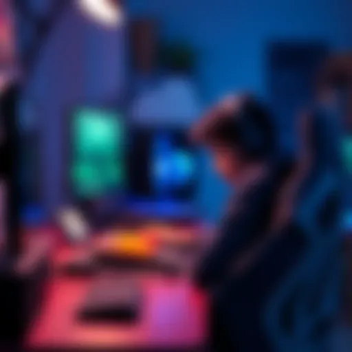 A gamer sitting at a desk looking disappointed after losing a close match, surrounded by gaming equipment.