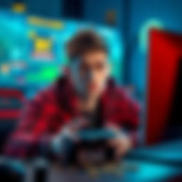 A gamer looking disappointed while playing on a computer, with game graphics on the screen and a few coins scattered nearby.