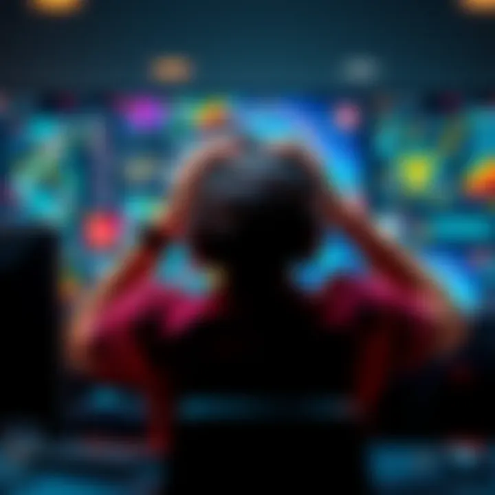 A gamer showing frustration with their hands on their head, surrounded by gaming equipment and a chaotic screen display.