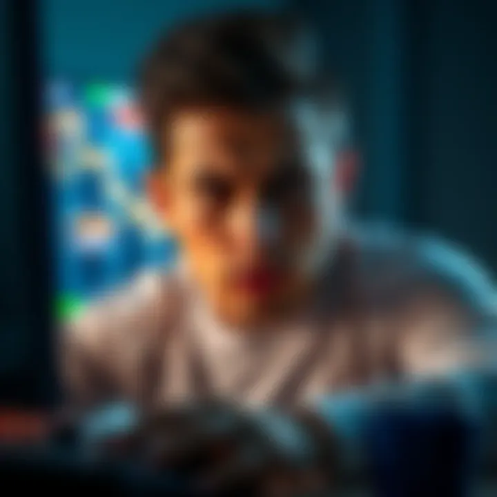 A person showing frustration while playing an online game at their computer, with a focus on their facial expression and the game screen in the background, reflecting disappointment.