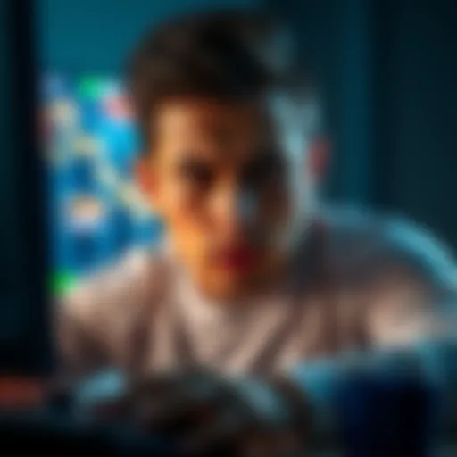 Frustrated gamer at a computer A person showing frustration while playing an online game at their computer, with a focus on their facial expression and the game screen in the background, reflecting disappointment.