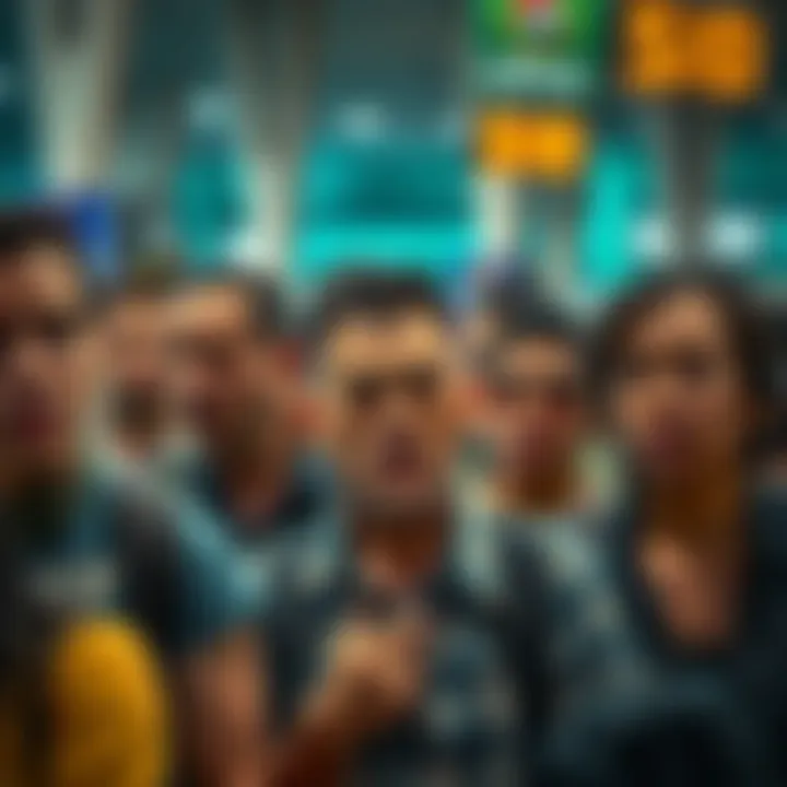 A diverse group of people in a public space showing expressions of frustration and concern, reflecting growing dissatisfaction in society.