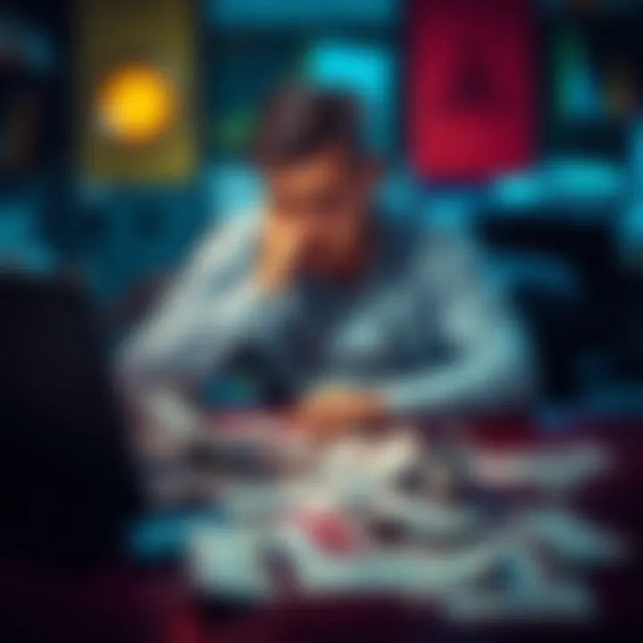 A worried person sits at a table, looking at a laptop with losing betting slips scattered around, reflecting on their financial losses.