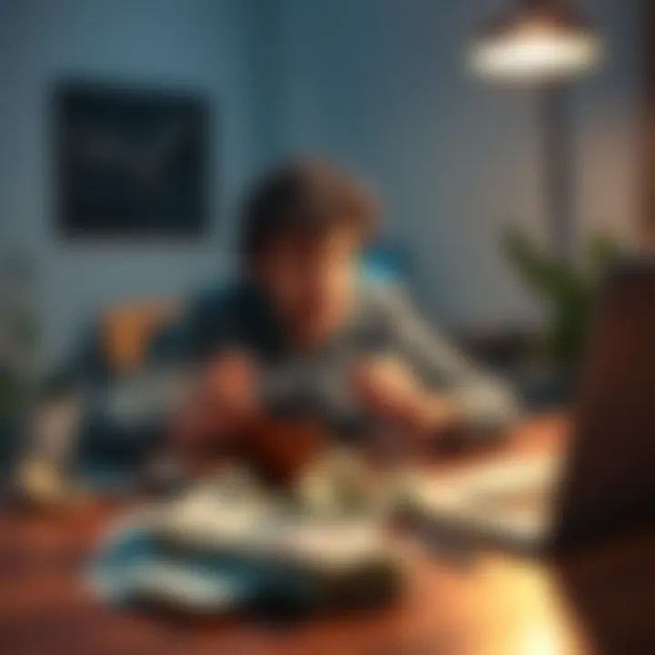 An investor sitting at a table with an empty wallet and frustrated expression, surrounded by crumpled dollar bills and a laptop showing a declining investment graph.