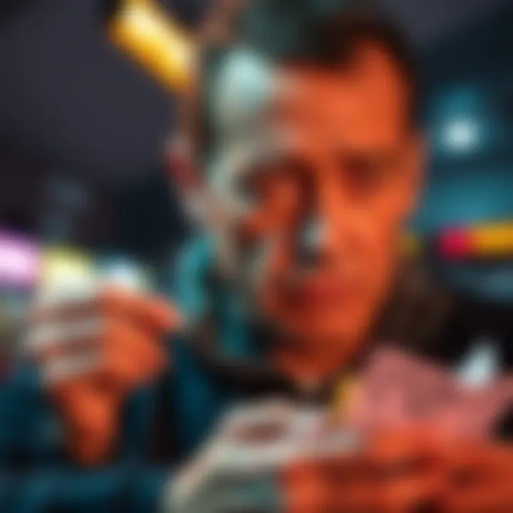 A person looking at losing lottery tickets with a disappointed expression, reflecting on their ten years of playing the $50 lottery.