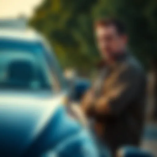 A man standing beside a car with a worried expression, realizing he lacks the essential tools for a task
