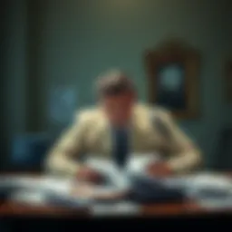 A frustrated man sits at a desk with papers scattered around, looking shocked and disappointed after hearing a court decision.