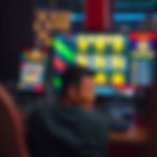 A person sitting in front of a computer screen showing casino games, looking frustrated with a head in hands, surrounded by empty chip trays and bonus offers on the screen.