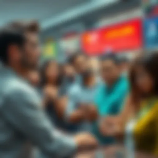 A group of frustrated people at a bank counter trying to withdraw local currency, showing expressions of disappointment and confusion.