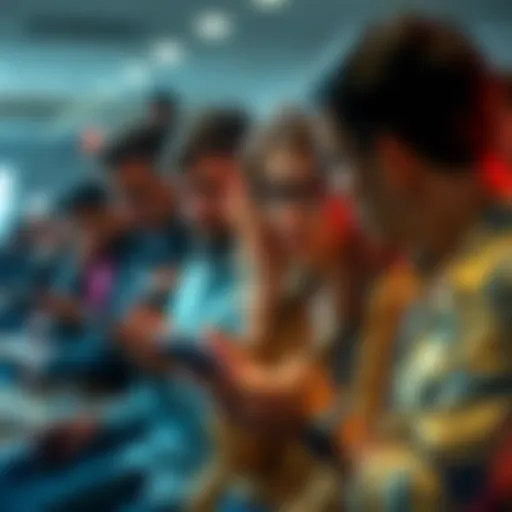 A group of people looking confused and frustrated while checking their phones, waiting for updates on promotional rewards