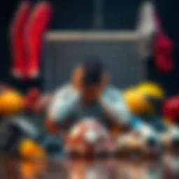 A person sitting with their head in their hands, surrounded by sports equipment, showing frustration over recent close losses in competitions