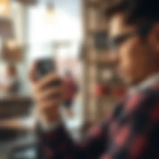 A person looking frustrated while trying to withdraw funds using Apple Pay on their phone, with a blurred background of a coffee shop.