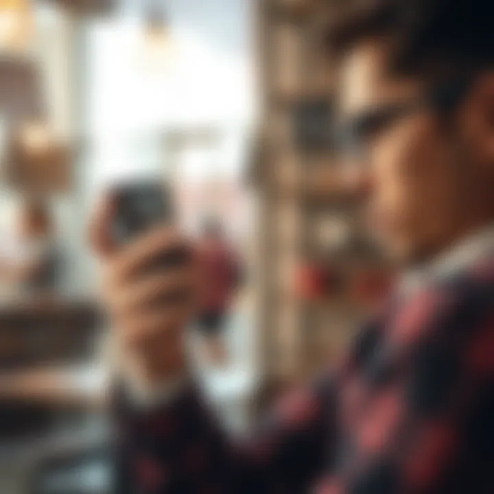 A person looking frustrated while trying to withdraw funds using Apple Pay on their phone, with a blurred background of a coffee shop.