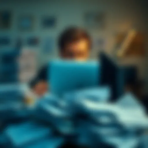 A person looking frustrated at their computer while checking emails, surrounded by piles of paperwork.