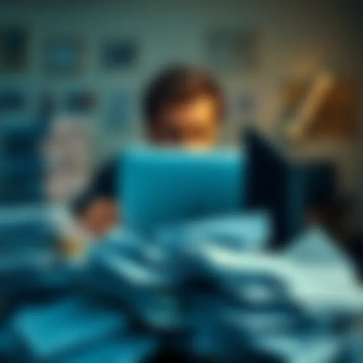 A person looking frustrated at their computer while checking emails, surrounded by piles of paperwork.