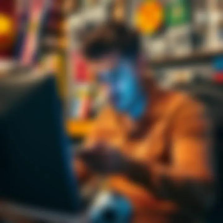 Frustrated person reviewing sports bets A person looking frustrated while checking their sports betting results on a phone or computer, surrounded by football memorabilia.