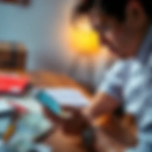 A person appears upset while checking their phone, showing a message about a blocked account. Papers and bills are scattered on a table, indicating financial stress.