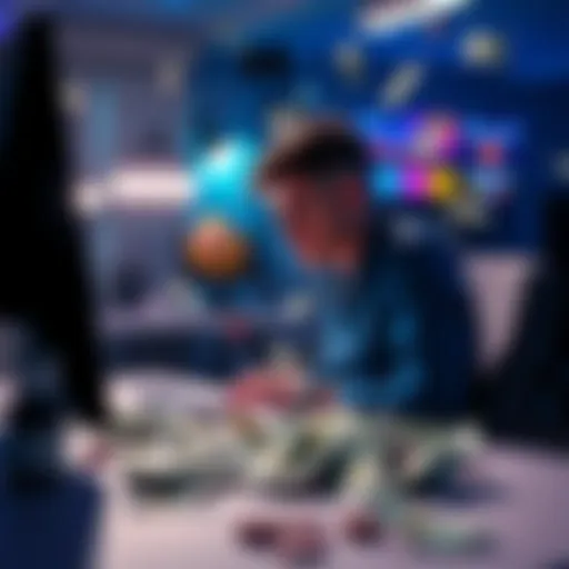 A person sitting at a desk, looking frustrated at a computer screen, with money scattered around, symbolizing a gaming scam experience.