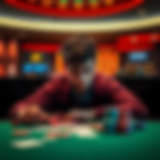 A person looks disappointed at a gaming table, surrounded by losing cards and chips, reflecting on recent losses in games and bets.
