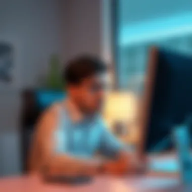 A person sitting at a desk, looking worried while checking their limited account on a computer, with a disappointed expression