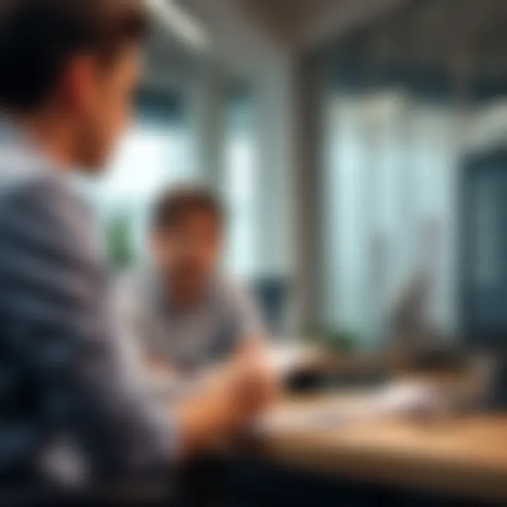 A person looking frustrated while discussing payment with a salesperson in an office setting.