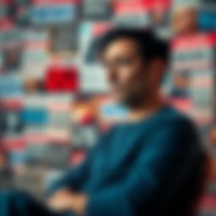 Frustrated person looking at a wall of news headlines A person sitting with a tired expression, surrounded by chaotic news headlines that show frustration and concern.