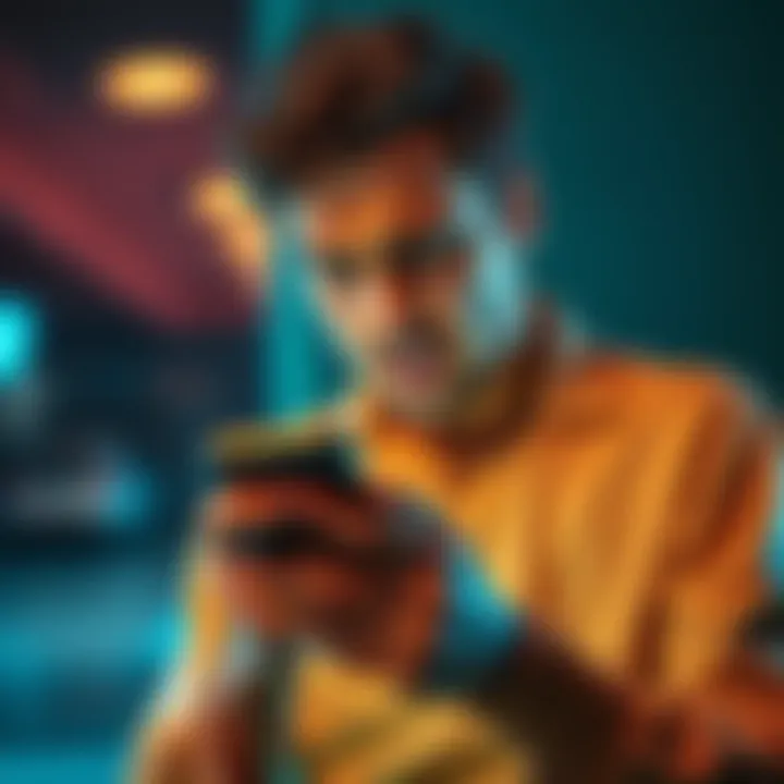 Frustrated person looking at phone A person with a frustrated expression holding a smartphone, showing messages in direct chat, symbolizing annoyance with constant requests for help.