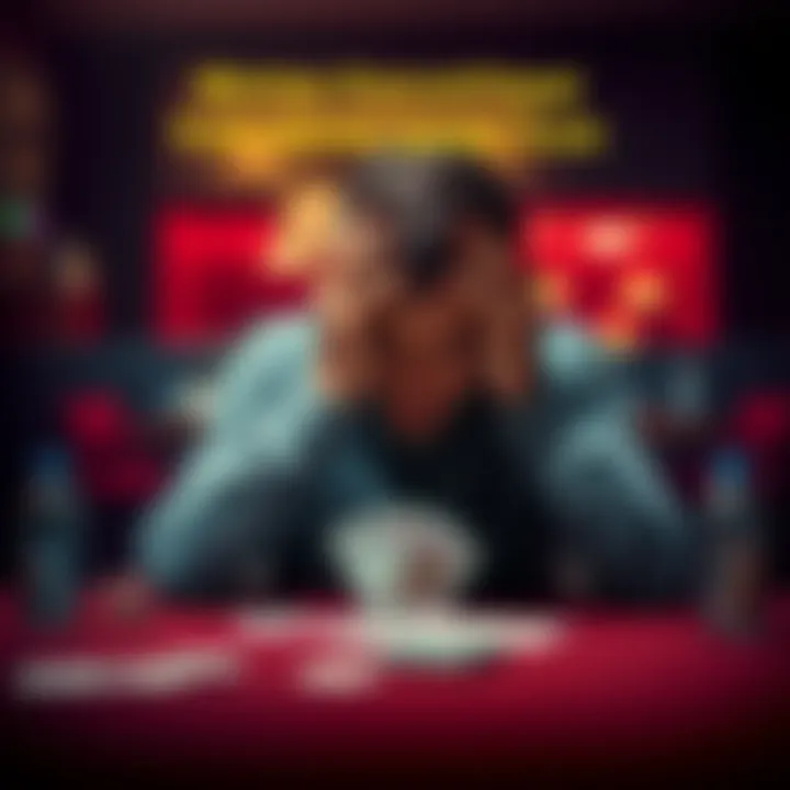 A person sitting at a table with head in hands, looking frustrated while holding playing cards