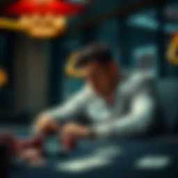 A player sitting at a gaming table, showing frustration while looking at a minimal bet of one Real, surrounded by poker chips and cards