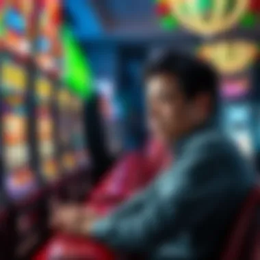 A frustrated player sitting at a casino slot machine after reaching a high level, showing disappointment after a losing streak.