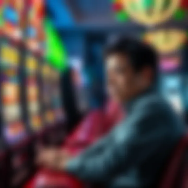 A frustrated player sitting at a casino slot machine after reaching a high level, showing disappointment after a losing streak.
