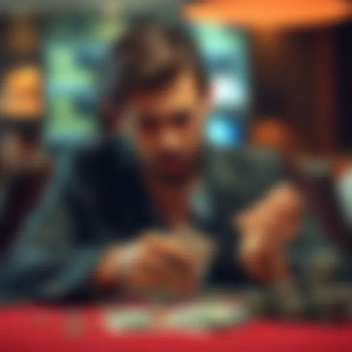 A frustrated player sitting at a table, counting cash with a disappointed expression after losing money on bets and receiving a small bonus.