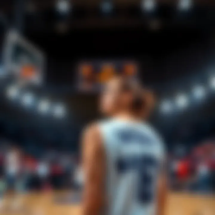 A basketball player looking disappointed after a game, with low score displayed on the scoreboard behind her, fans showing concern in the stands.