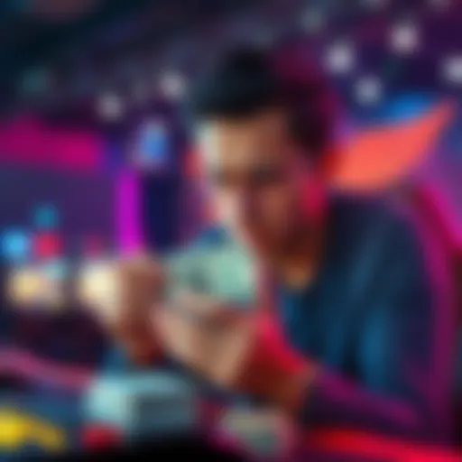 Frustrated player with fake money A player looking disappointed while holding fake money in a gaming setup