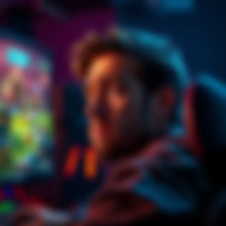 A disappointed player staring at a computer screen with gaming graphics, symbolizing the struggle of online gambling and losses.