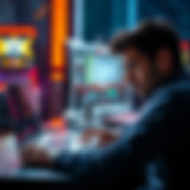 A person looking stressed while using a laptop, with a gaming website open on the screen and cash withdrawal options visible