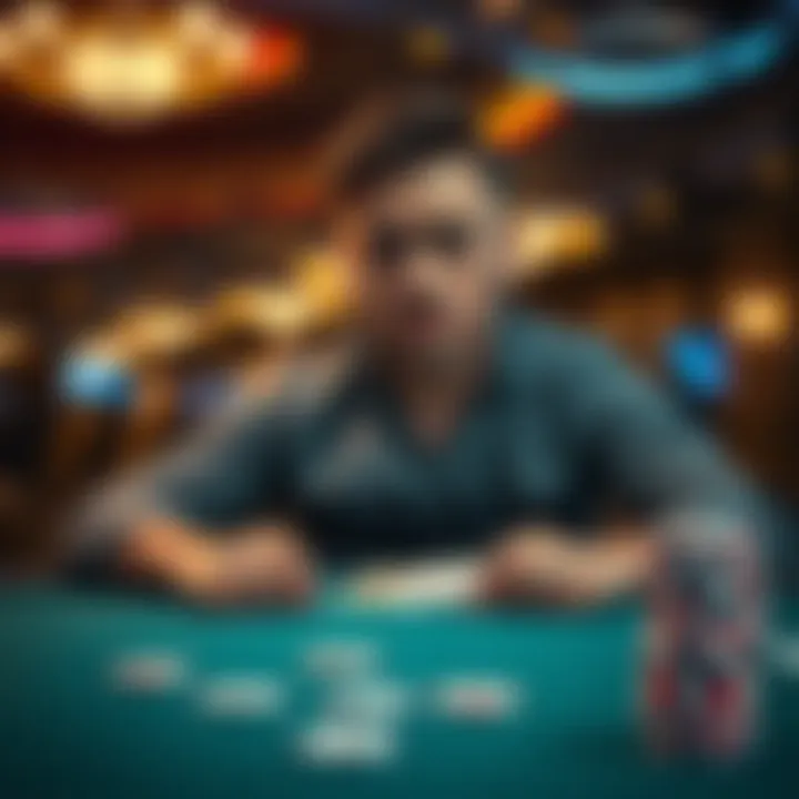 A player looking upset at a casino table with cards and chips, expressing their frustration after being expelled during a game