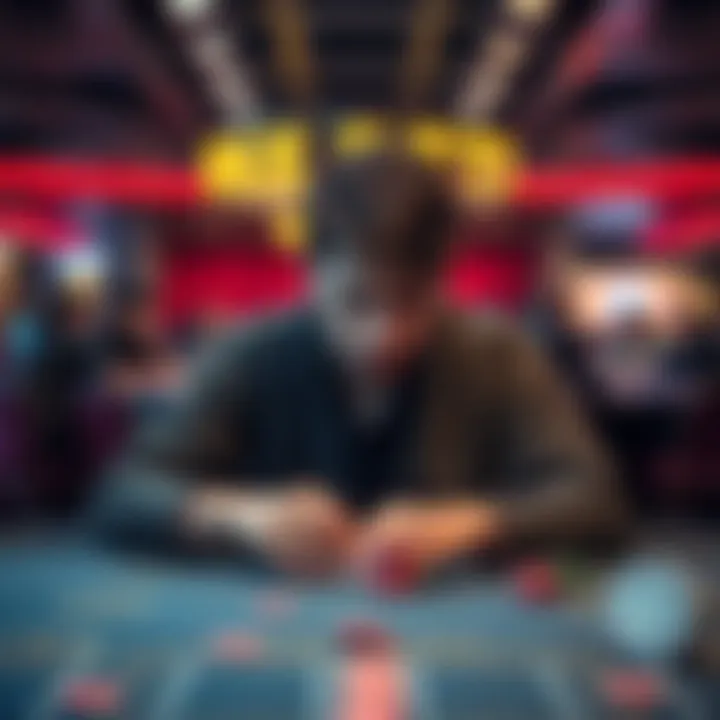 Frustrated player at a gaming table A disappointed person sitting at a gaming table with empty chips, showing a look of frustration and sadness.