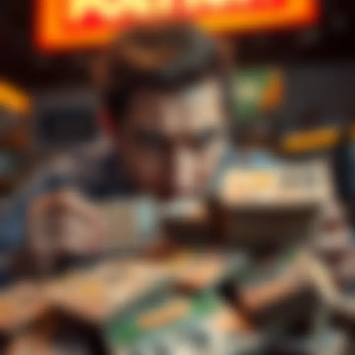 A disappointed person staring at a pile of lottery tickets and scratch cards, showing frustration over small winnings.