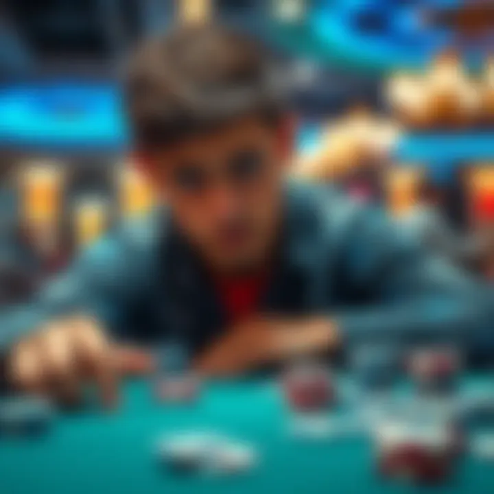 Frustrated player at a poker table A player looks worried at a poker table, with chips scattered and a focused expression, indicating a tough situation during a tournament.