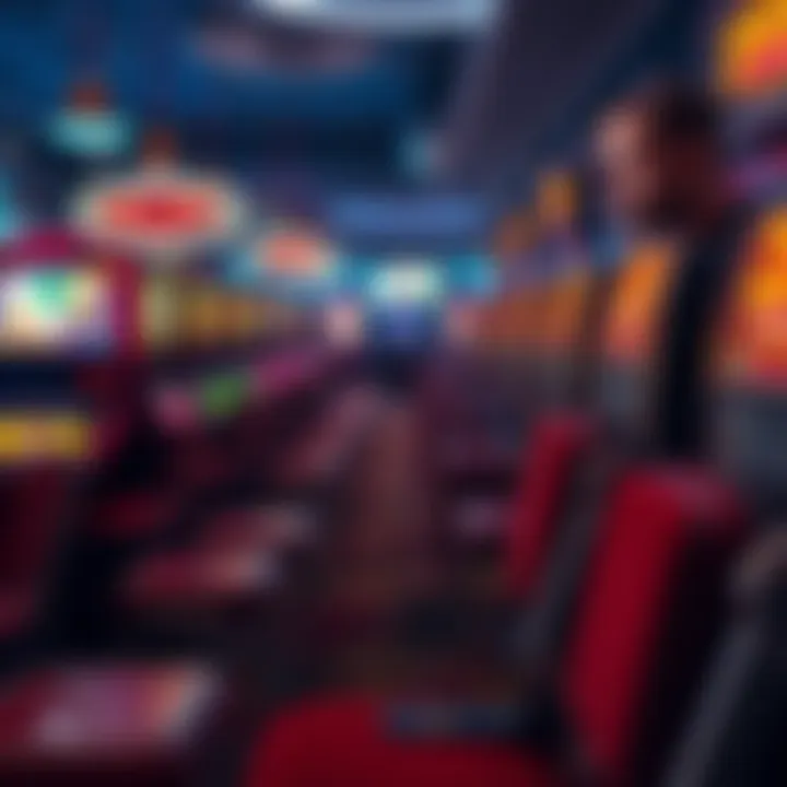 A player looking disappointed while sitting at a slot machine, surrounded by empty chairs and unlit screens, showing a long streak of no winnings.