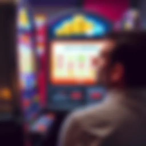 A disappointed player staring at a slot machine with a sign showing tempting prizes but a blank screen