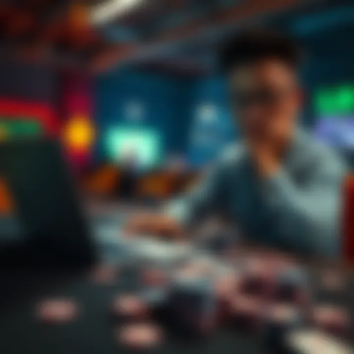 A poker player looking stressed while playing on a laptop, with cards and chips scattered on the table.