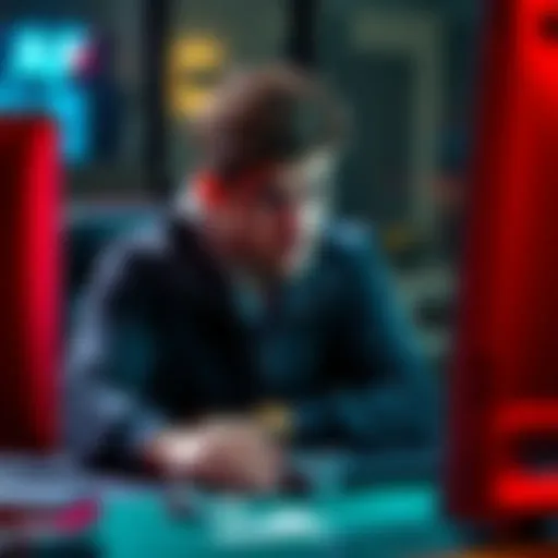 A distressed poker player sitting at a computer, showing emotions of frustration and confusion as they experience ups and downs in online poker.