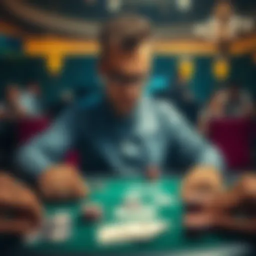 A poker player looking frustrated at a table, surrounded by cards and chips, reflecting on recent losses against random betting opponents.